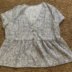 Plus Allover Print Button Front Ruffle Hem Blouse